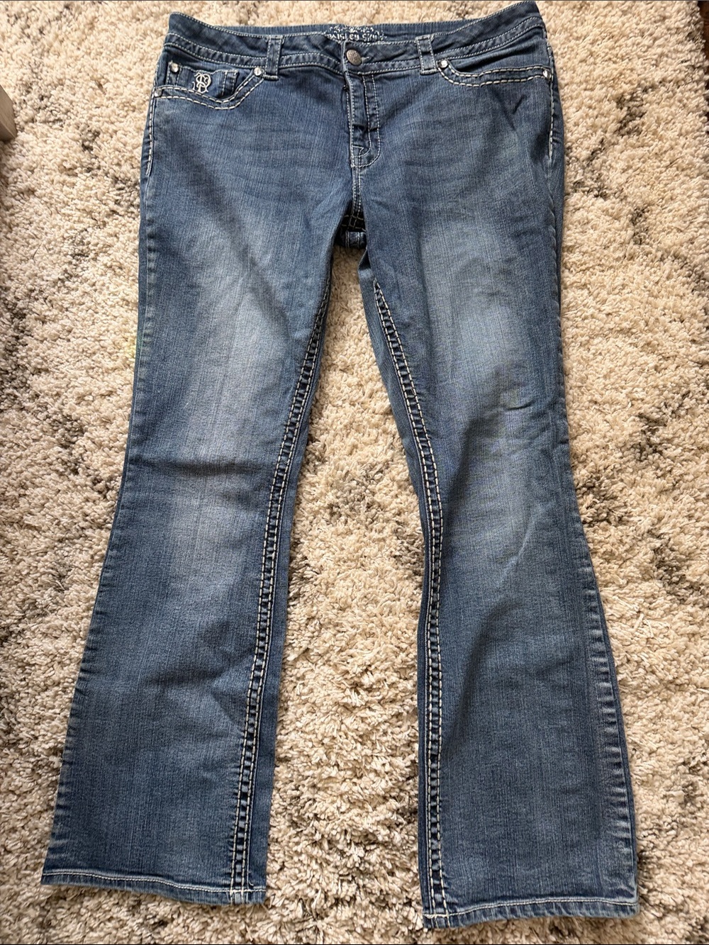 Paisley Sky Medium Blue Flare Jeans with Contrast Stitching